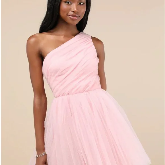 Lulus Exceptional Moments Light Pink Swiss Dot One-shoulder Mini Dress - Size S - Picture 5 of 8